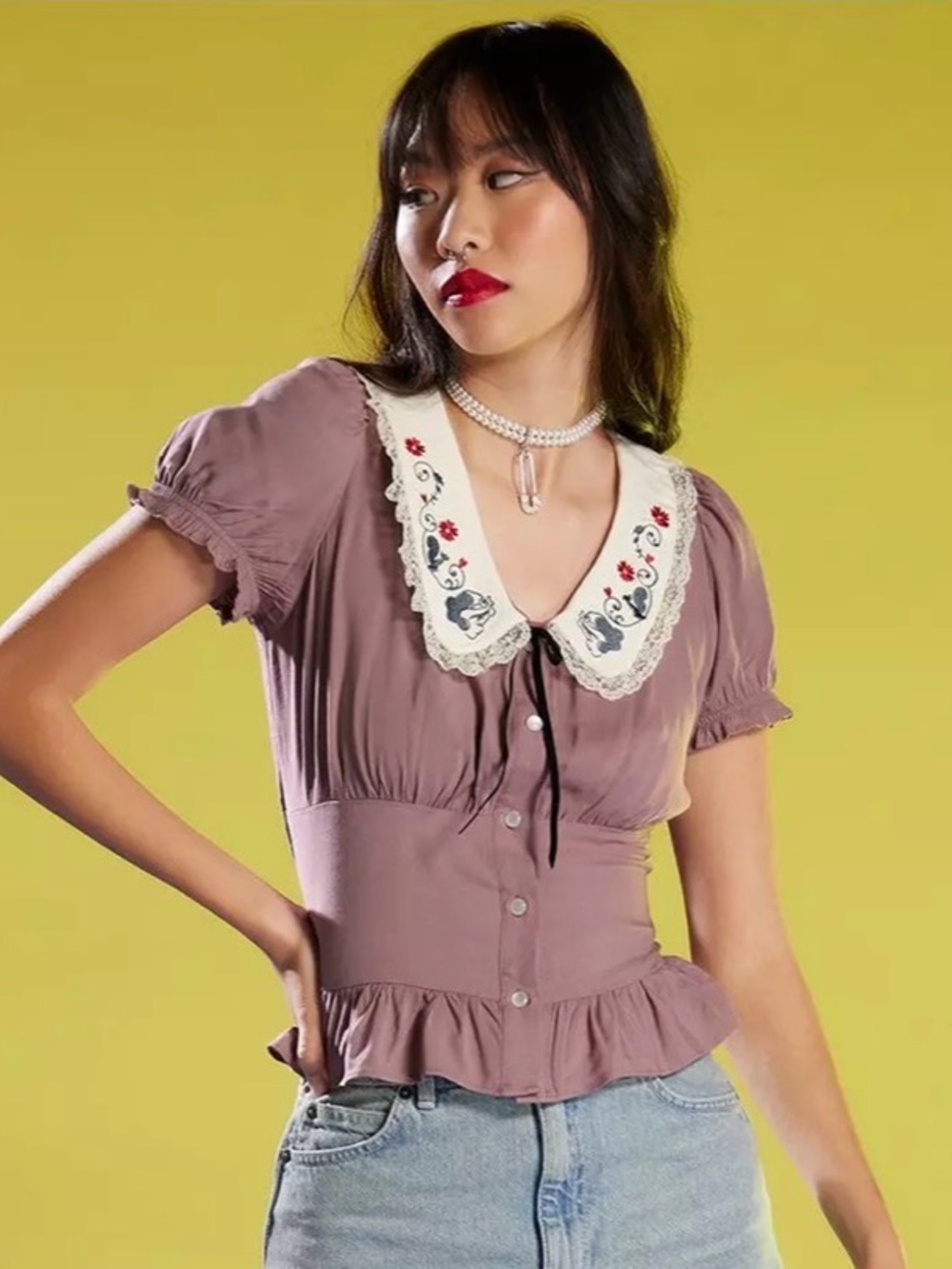 NWT Mauve Puff Sleeve Blouse with Embroidered Peter Pan Collar